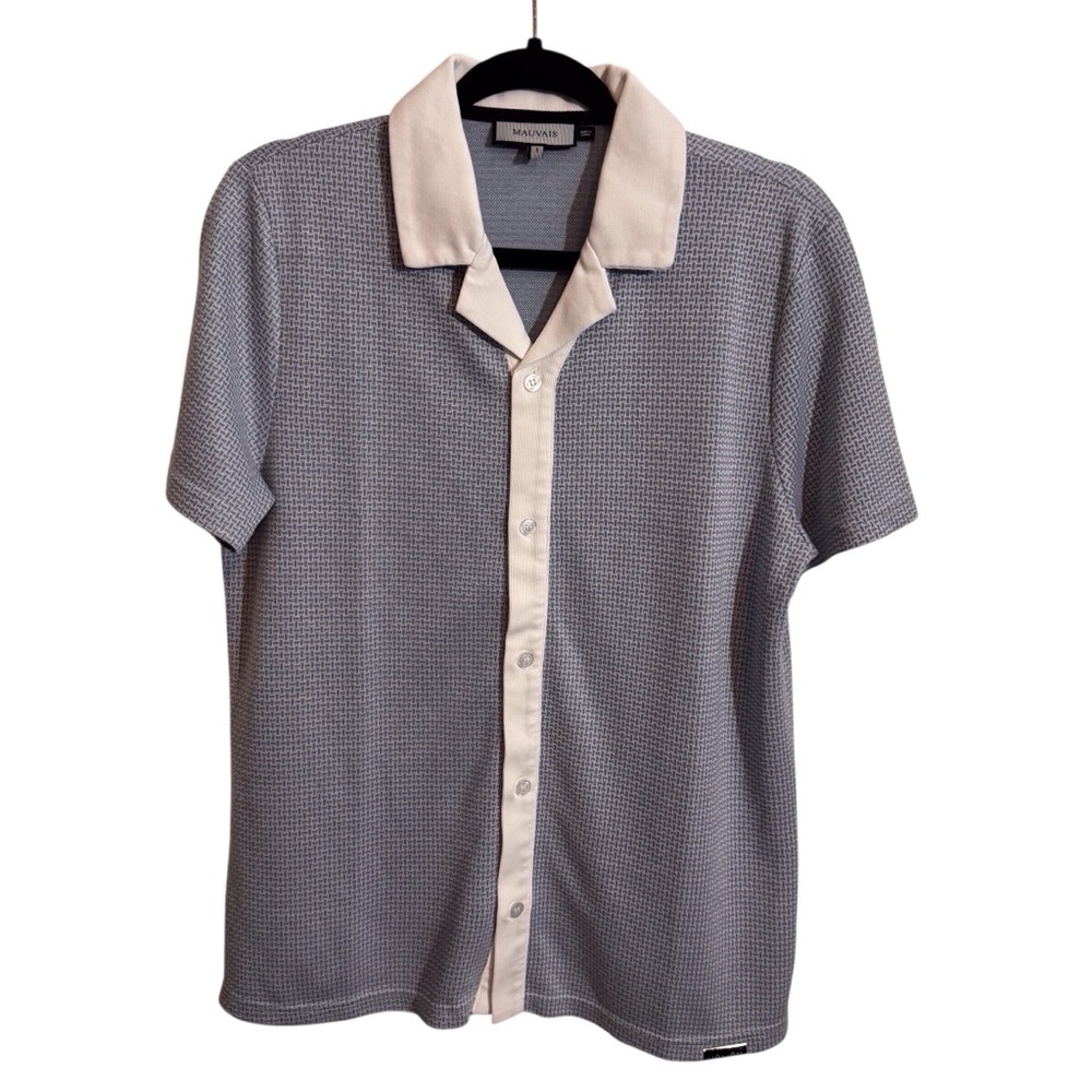 Mauvais Mens Small Blue White Vacation Patterned Button Up Shirt Short Sleeve